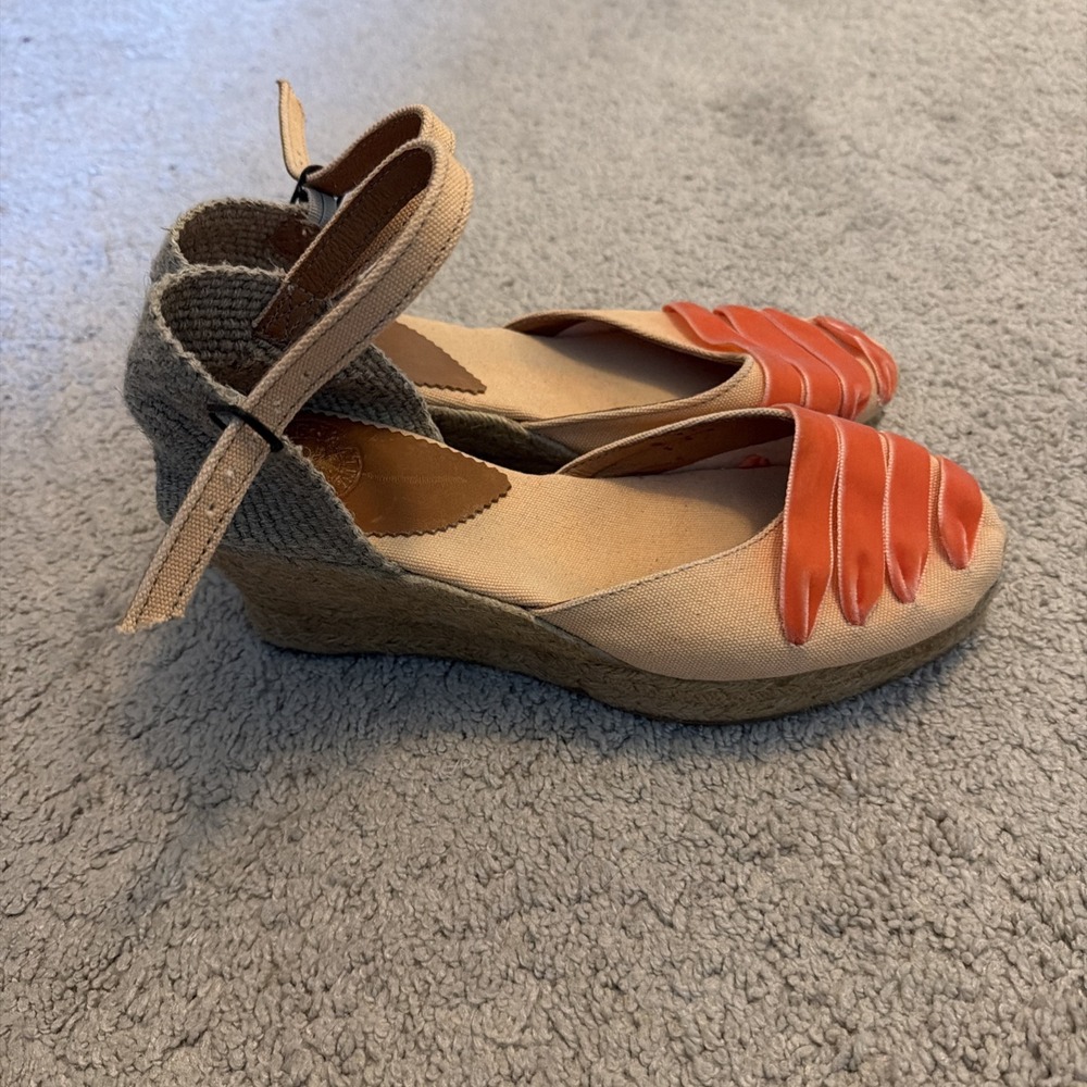 Penelope Chilvers Mary Jane Dali Canvas Espadrille Wedge Round Toe Orange Sz 40